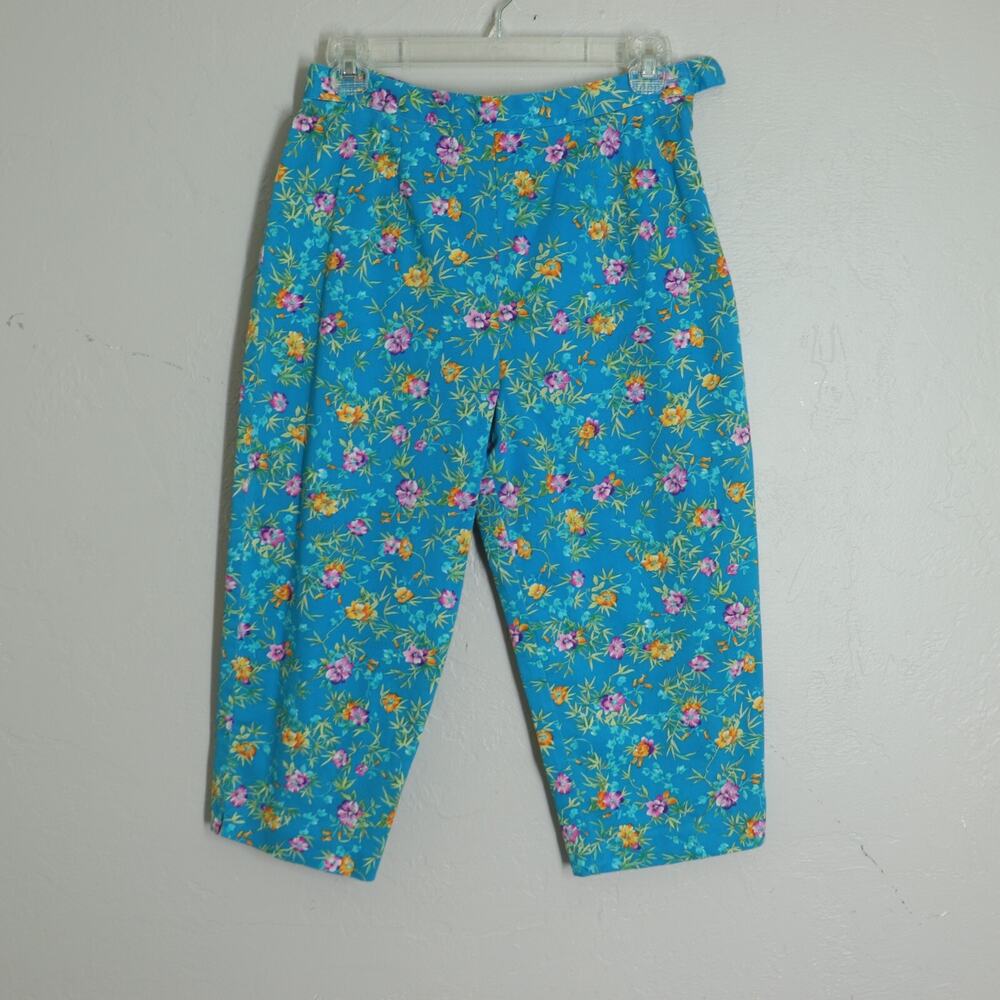 Vtg Stonebridge Sports Capri Pants 8 Petite Turquoise Floral Stretch Waist Zip